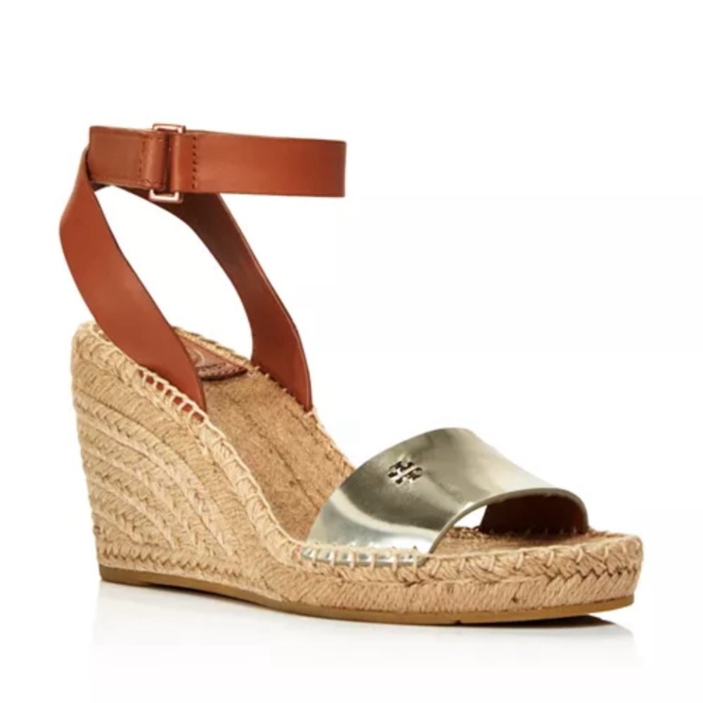 Wedge Espadrille Sandal with Metallic Toe and Ankle Strap - Brown/Gold